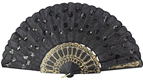 MSZSA Peacock Feather Black Sequins Design Plastic Folding Hand Fan (BLACK)