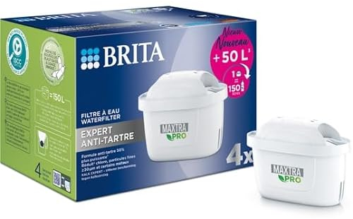 BRITA Cartuccia filtro acqua rubinetto MAXTRA PRO Expert anti-tartaro, confezione da 4 per ricarica caraffa filtro formula anticalcare 50% più potente vs All-in-1, ridotto cloro, particelle fini,