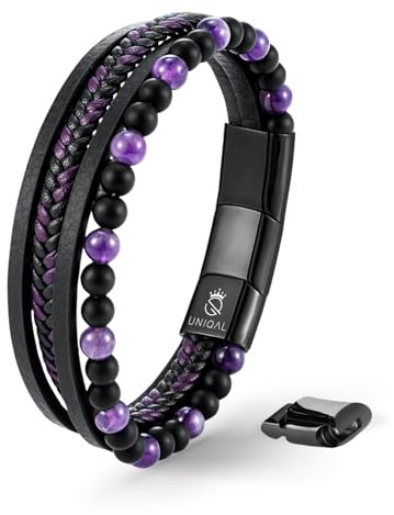 UNIQAL | Echtleder Armband Herren mit Natursteinen FANCY Mens nature stone Bracelet | Edelstahl, Männer | Etui Box Gratis