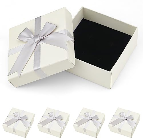Fizdoqg Lot de 4 boîtes à bijoux en carton 9 x 9 cm - Boîte à bijoux - Boîte cadeau pour bagues, colliers, cadeaux - Présentoir avec ruban gris