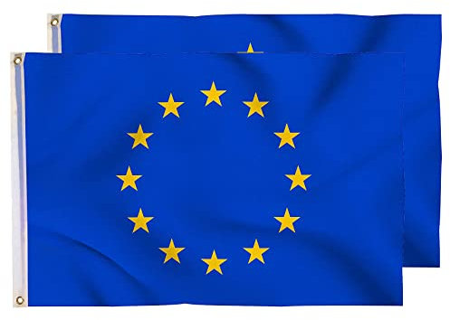 2Pcs Drapeaux de l'Union Européenne Avec 2 Oeillets Métalliques Premium 100% Recyclé Résistants aux Intempéries Couleurs Brillantes à Bordure Double 90 x 150 cm (Union Européenne)
