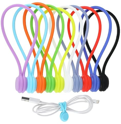 Lusofie 10 PCS Magnetic Cable Ties – Reusable Silicone Cord Organizer | Strong magnets keep cords tidy – no slipping. Flexible silicone. Perfect for desk, travel, car & home. No sticky residue