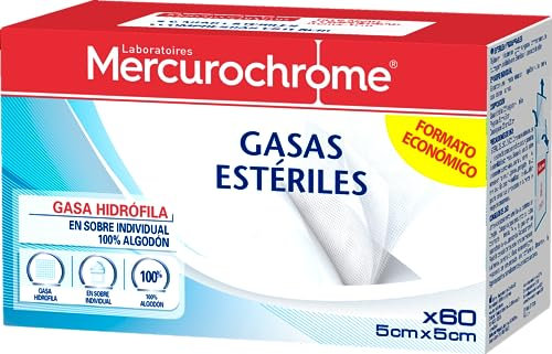MERCUROCHROME - Gasas Esteriles - 60 Gases - 100% Algodón - Sobres Individuales - Higiene y Cuidado de Heridas - Protección y Esterilidad - transpirables - Formato económico - Primeros Auxilios