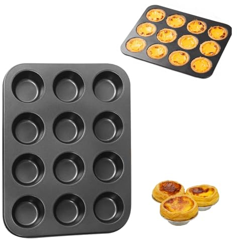 Tissting Kaiser Muffinform 12 Tassen 6,5cm Loch Antihaftbeschichtet Kohlenstoffstahl Muffin Cupcake Backblech, Mini Muffinformer Muffinblech für Brownies Kuchen Pudding