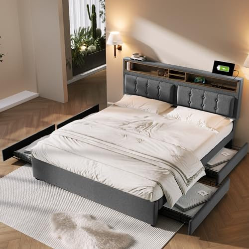 Kehun Polsterbett Doppelbett 160x200, Stauraumbett mit Kopfteil-USB C und 4 Stauraum Schubladen, Modern Bett Bettgestell mit Lattenrost aus Holz und Bettkasten, Leinen, Grau, Ohne Matratze
