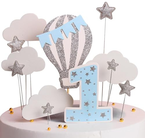 1st Birthday Cake Topper, 12Pcs Birthday Cake Decorations For Boys | Glitter Cardboard and Foam, Number 1 Size 2.5x3.1 Inches, Baby Boys First Birthday Party, Hot Air Balloon Cake Topper