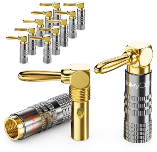 deleyCON Bananenstecker Set 90° gewinkelt, vergoldet, schraubbar, 12 Stück | Für Lautsprecherkabel und Boxenkabel 0,75 mm - 4,5 mm, HiFi Heimkino Receiver