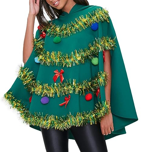 PDYLZWZY Disfraz de árbol de Navidad para mujer, con lazo, decoración de bola, capa con capucha, capa para árbol de Navidad, poncho para fiestas, verde, XL
