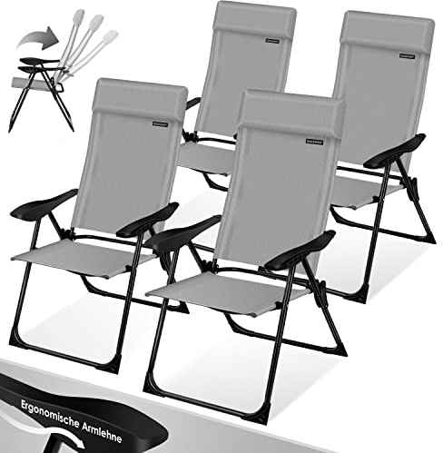 KESSER® Set di 4 sedie da Giardino, Sedia Pieghevole in Alluminio con Schienale Alto Regolabile in 7 direzioni con braccioli, Sedia da Balcone, Sedia da Campeggio Pieghevole Traspirante