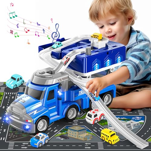 2 in 1-Spielzeugautos für 3 4 5 6 Jahre, Jungenspielzeug ab 3 Jahren, LKW-Spielzeug, Rennstreckenautospielzeug mit Lichtern und Geräuschen, mit 4 Stadtautos, Jungen und Mädchen