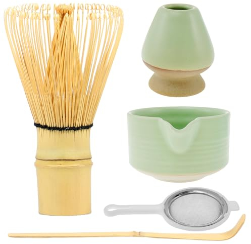 NZWBSHSSP 5pcs Matcha Bowl Set Ceremonial Janpanese Matcha Set -Ceramic Matcha Bowl Whisk Holder Bamboo Matcha Whisk Scoop Stainless Steel Sifter, Elegant Matcha Making Kit for Tea Lovers(Green)