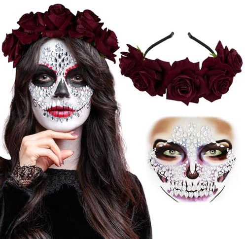 BOOMTOP Blumenhaarreif Halloween Rosenrot mit Gesichtsstrasssteine Selbstklebend Strassaufkleber für Karneval Mottoparty Musikfestival