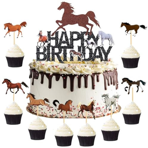 PYEUIFT 9 Stück Pferd Kuchendeko Deko Muffin Deko Pferde Cupcake Toppers Für Geburtstagsdeko Mädchen Happy Birthday Kindergeburtstag Deko