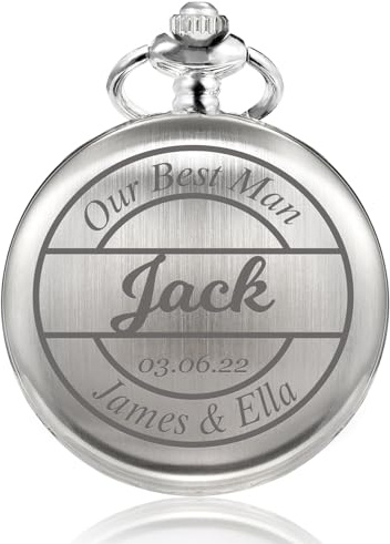 TREEWETO Reloj de bolsillo grabado personalizado con cadena de grabado para hombre, regalo para mejor hombre, relojes de bolsillo de cuarzo, regalos para novios para boda, plata