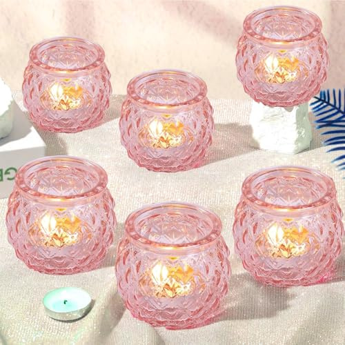 6Pcs Glas Teelicht Kerzenhalter, Rosa Votivkerze Halter Teelichthalter für Tisch Tafel Tafelaufsatz Hochzeit Home Decoration (Rosa-6 Stück)