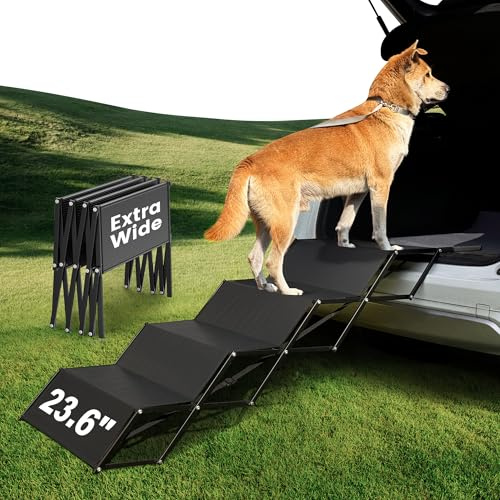 XARILK 60cm Extra-Wide Dog Car Ramp - Tragbare 4-Schritt-Aluminium-Treppe mit Rutschfester Oberfläche, Unterstützt bis zu 110KG, Extra-Wide Foldable Dog Steps für Autos, SUVs, hohe Betten und LKW