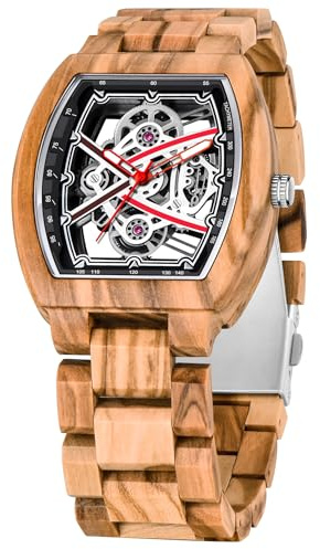 Dentily Elegant Mens 40mm Hollow Wooden Case Watch Quartz Analog Wood Watch for Dad,Husband and Boyfriend