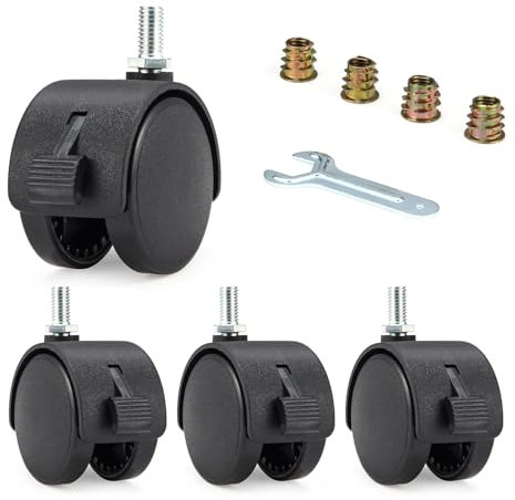 4 Pcs 2 Pollice Nylon Caster Ruote con Freno, Ruota girevole, Ruote per elettrodomestici da cucina con dado filettato M8 e chiave, nero