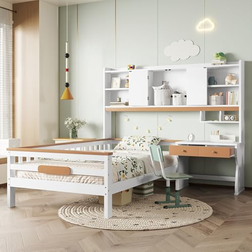 90x200cm Einzelbett Kinderbett mit Stauraumschrank, Tisch und Schubladen, L-Struktur, Weiß + Natur, Kiefer + MDF,Multifunktionales Design, Platzsparend, mit Schutzplatte & Lattenrost, ohne Matratze