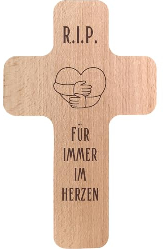 Geschenkissimo R.I.P. - Für immer im Herzen, Holzkreuz mit Gravur - Buche 20x12 cm, Trauerdekoration, Erinnerungskreuz, Kreuz mit Gravur - Geschenkidee