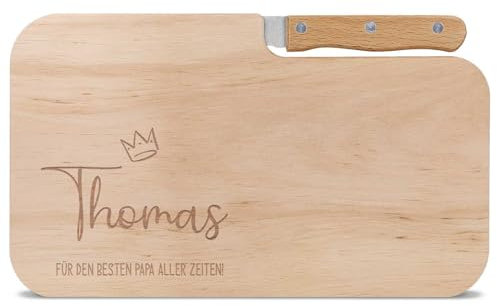 GRAVURZEILE - Tagliere per colazione inciso in legno - Migliore papà - Personalizzato con nome - Tagliere in legno di ontano con coltello - Regalo per la festa del papà - 26 x 15,5 x 1,2 cm