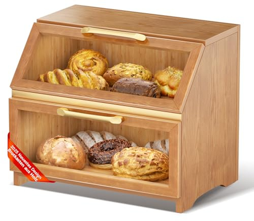 Brotkasten mit Belüftung aus Holz für die Küchentheke, großer Brotaufbewahrungsbehälter für selbstgebackenes Brot, Brotkasten-Organizer im Landhausstil für die Küchenthekenecke,den Schrank (Nussbaum)