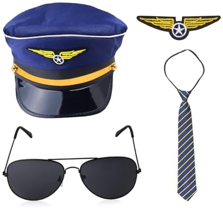 4 Pcs Halloween Pilot Costume Set Captain Hat Captain Badge Sunglasses Tie Airline Uniform Accessories for Party Cosplay Role Play Dress Up