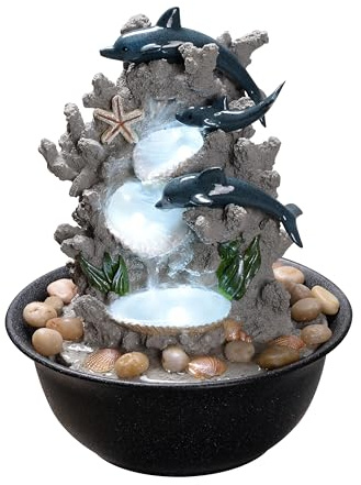 Indoor Tabletop Dolphin Water Fountain with LED Light – Ocean Theme Desk Decor and River Rocks, Relaxing Sound Machine for Sleep & Office, Zen Home Décor Gift for Women, Living Room Decoration