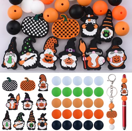 URROMA Lot de 35 perles rondes en silicone pour Halloween, motif nains de dessin animé pour collier, boucles d'oreilles, porte-clés, bracelet, stylo, loisirs créatifs, accessoires de décoration