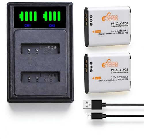 Pickle Power 2-Pack LI-90B LI-92B DB-110 Battery with Charger for Ricoh GR III, GR IIIx, WG-6, G900, for Olympus Tough TG-7, TG-6, TG-5, TG-3, TG-4, SH-1, SH-2, SP-100 IHS, TG-1 iHS, Tough TG-2 iHS