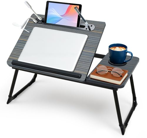 Warmiehomy Laptop Table with USB Ports, Small Fan and Light, Black | Adjustable Bed Table with Cup Holder&Tablet Slot&Pen Slots. Laptop Desk with Legs on Bed or Sofa for Working/Reading.