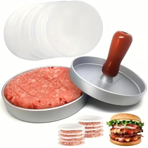 Z-YUEZ Aluminum Non-Stick Hamburger Press - Burger Press | with 100 Free Patty Papers for BBQ Burger Maker, with ABS Handle, for Making Stuffed Pocket Burgers Baking Beef Grill BBQ