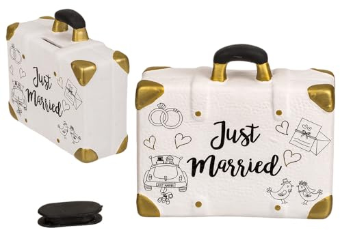 Palleon Hochzeits-Spardose Just Married | Keramik Geldgeschenk für Hochzeit, Verlobung & JGA | Witzige Spardose in Koffer-, Auto- oder Flugzeug-Design | Geschenkidee zur Hochzeit (Reisekoffer)