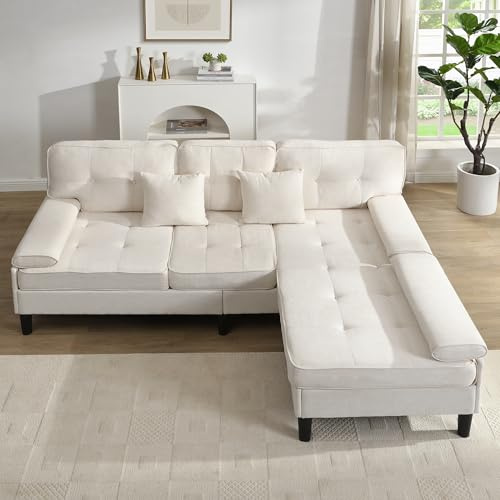 [L-förmiges modulares Design]Chenille-L-Form-Ecksofa, dreisitziges Wohnzimmer-Multifunktions-Chaiselongen-Sofa mit Schlaffunktion, bewegliche Fußbank, 195 cm Breite, ideal für kleine Apartments