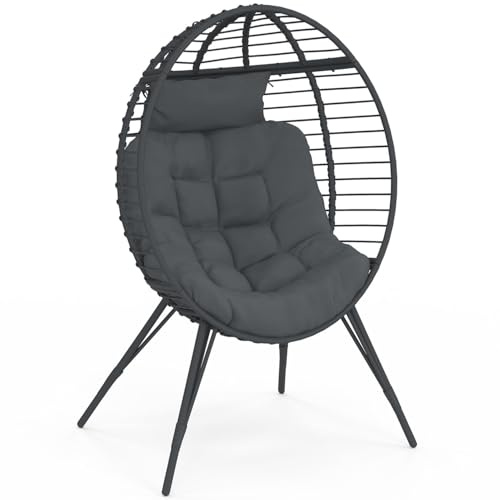 IDMarket - Sessel Ei auf grauem durchbrochenem Fuß in Rattan-Optik mit grauem Kissen