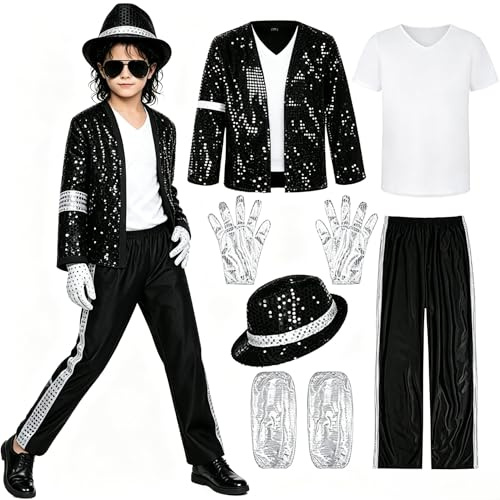 Rilltea Costume da superstar pop for ragazzi,giacca con paillettes nere, pantaloni, cappello, guanti, costume da ballo retrò di Halloween anni '80 e '90