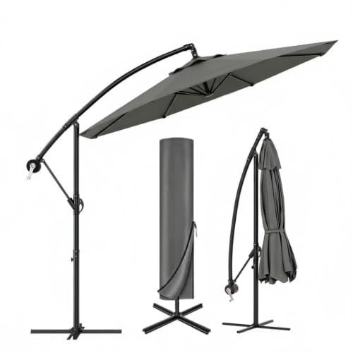 Hapihom Sonnenschirm Ø300 cm, 360° drehbar Ampelschirm mit Kurbel, Neigungswinkel stufenlos verstellbar, UV-Schutz Wasserabweisend Gartenschirm, Marktschirm für Garten, Terrasse, Grau