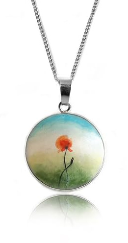 LATIGGA Handbemalte Mohnblumen Kette aus Holz & 925 Silber | Roter Mohn Anhänger, Miniaturmalerei, Handgefertigter Schmuck, Unikat Geschenk für Frauen