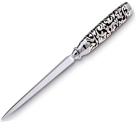 Brieföffner 16,5 cm - versilberter Kuvertöffner, poliert & anlaufgeschützt, floraler Griff in Schwarz-Silber - elegantes Schreibtisch-Accessoire