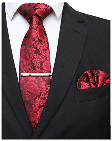 JEMYGINS Conjunto de Corbata y Pañuelo para Hombre Elegante Paisley Graziös con Pinza para Corbata Rojo2