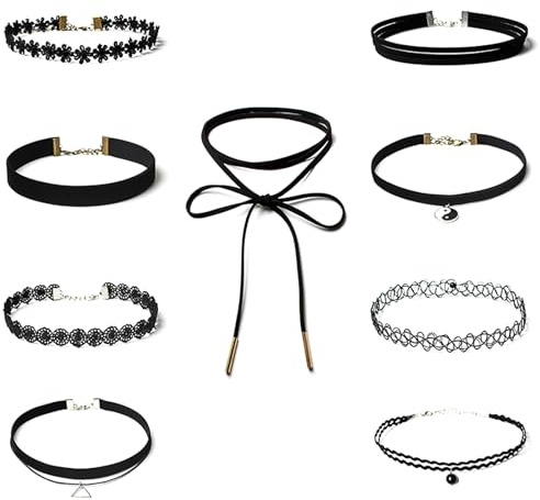 Febbya Choker Halsketten Set,9 Stück Strecken Halsband Tattoo Ketten Choker für Teen Mädchen Damen Frauen Velvet Schwarz 28+7CM