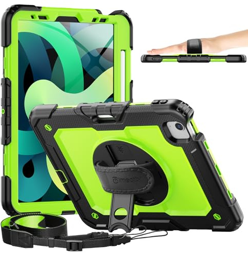 Timecity Hülle für iPad Air 5. / 4. Generation 2022/2020 10,9 Zoll | mit Stoßfeste Displayschutz Schutzhülle, 360° Drehbare Ständer, Handschlaufe, Stifthalter, Schultergurt -Gelbgrün