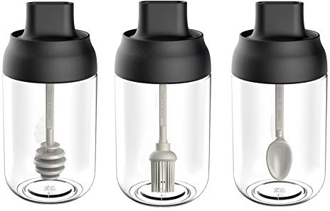 Lot de 3 bocaux à épices en verre de 250 ml avec couvercle et cuillère pour protection contre l'humidité pour sel, sucre, huile, miel (noir)