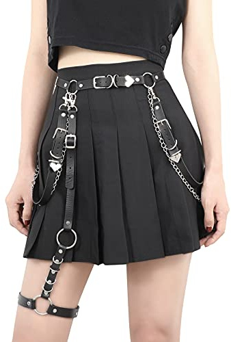 LEACOOLKEY Punk PU Leder Kettengürtel für Damen Gothic Rock Taillengürtel mit Bein Strumpfbänder