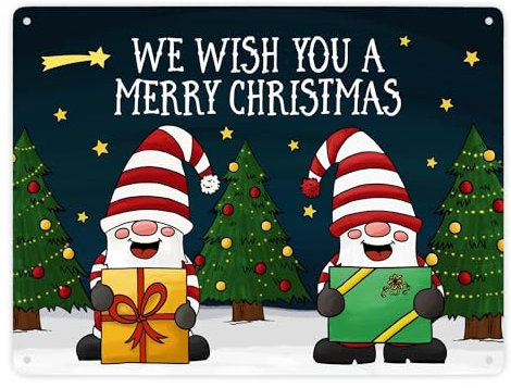 We wish you a merry christmas Metallschild XXL mit Wichtel Motiv