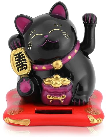 Lucky Cat, Mini Maneki Neko Japanese Cat Statue with Waving Arm Solar Powered for Home Car Dashboard Decor(Black)