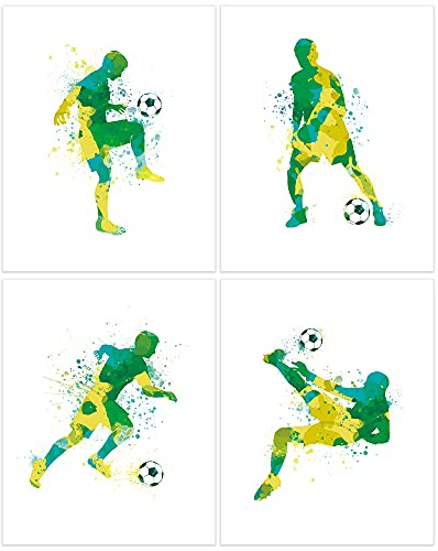 ANHUIB 4er Set Aquarell Fußball Poster,Fußball Wanddeko für Kinderzimmer Jungen,Kinder Fussball Bilder Set für Teenager Schlafzimmer,Sport Bild für Wohnzimmer Leinwand Wandkunst,20×25CM,Ohne Rahmen