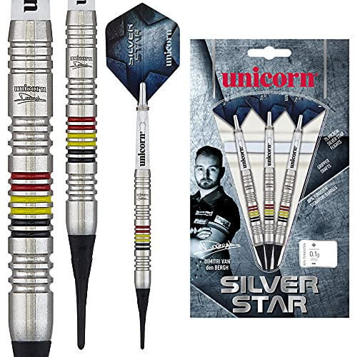Unicorn S/T Silverstar DVDB 18g Spitze, Dimitri Van den Bergh, Silver Star, vom Spieler empfohlenes Dart-Set, 80% Wolfram, weiche Kunststoffspitze, 18 g, Silber