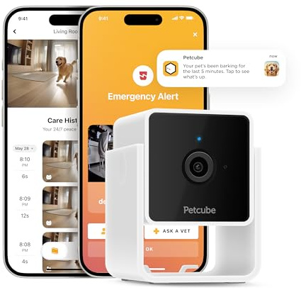 Petcube Cam Wi-Fi Pet and Security Camera with Phone App, Cats and Dogs Monitor with 2-way Audio and 1080p HD Video, Night Vision, and AI Alerts
