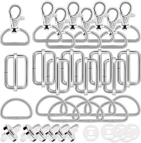 Drehbare Karabinerhaken 30Stk Schlüsselanhänger D-Ringe Triglide-Schiebeschnalle Magnetknöpfe Taschenverschluss Metall Halbrund Schnallen Hardware Dornschließe für Rucksack DIY Zubehör (Silber)